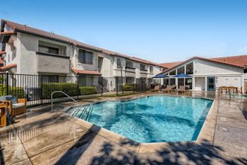 Swimming pool view with apartments in the background 